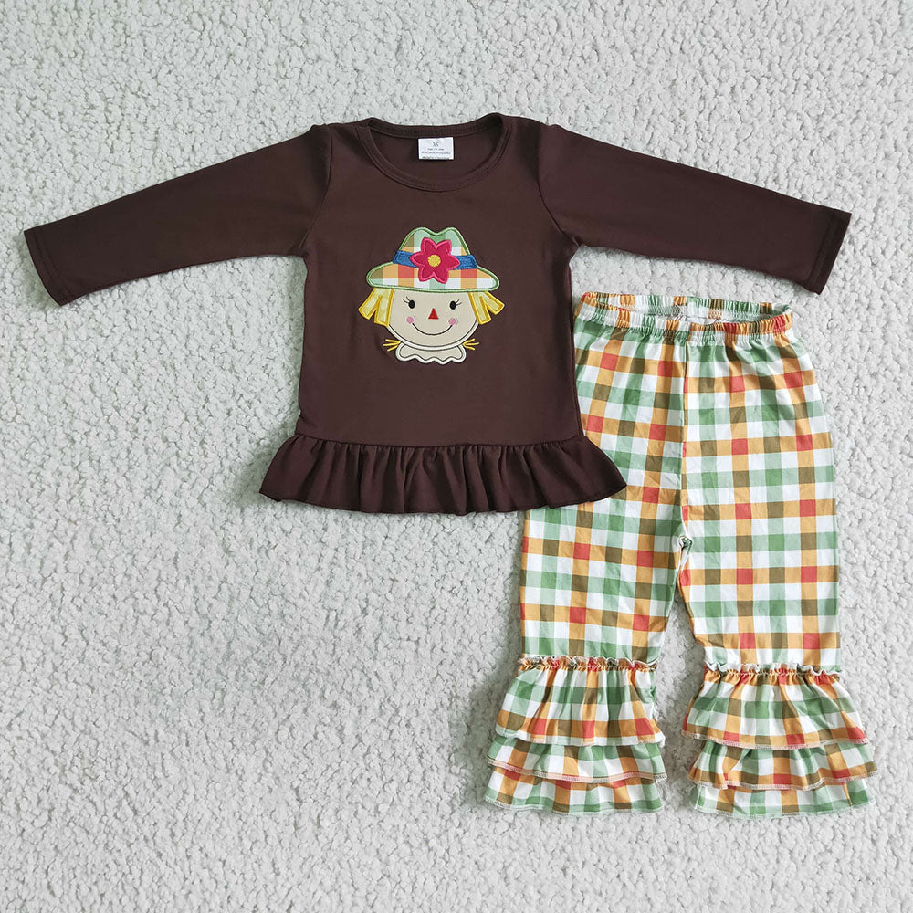 Baby girls scarecrow fall plaid ruffle pants clothes sets