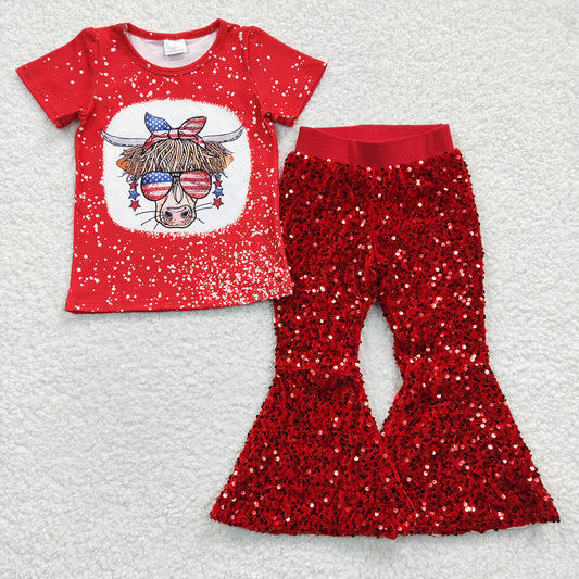 Baby Girls 4th Of July Red Cow Sequin Pants Clothes Sets