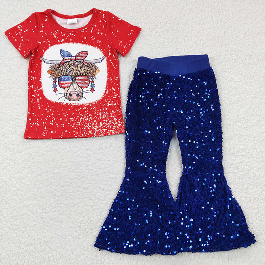 Baby Girls 4th Of July Cow Blue Sequin Pants Clothes Sets