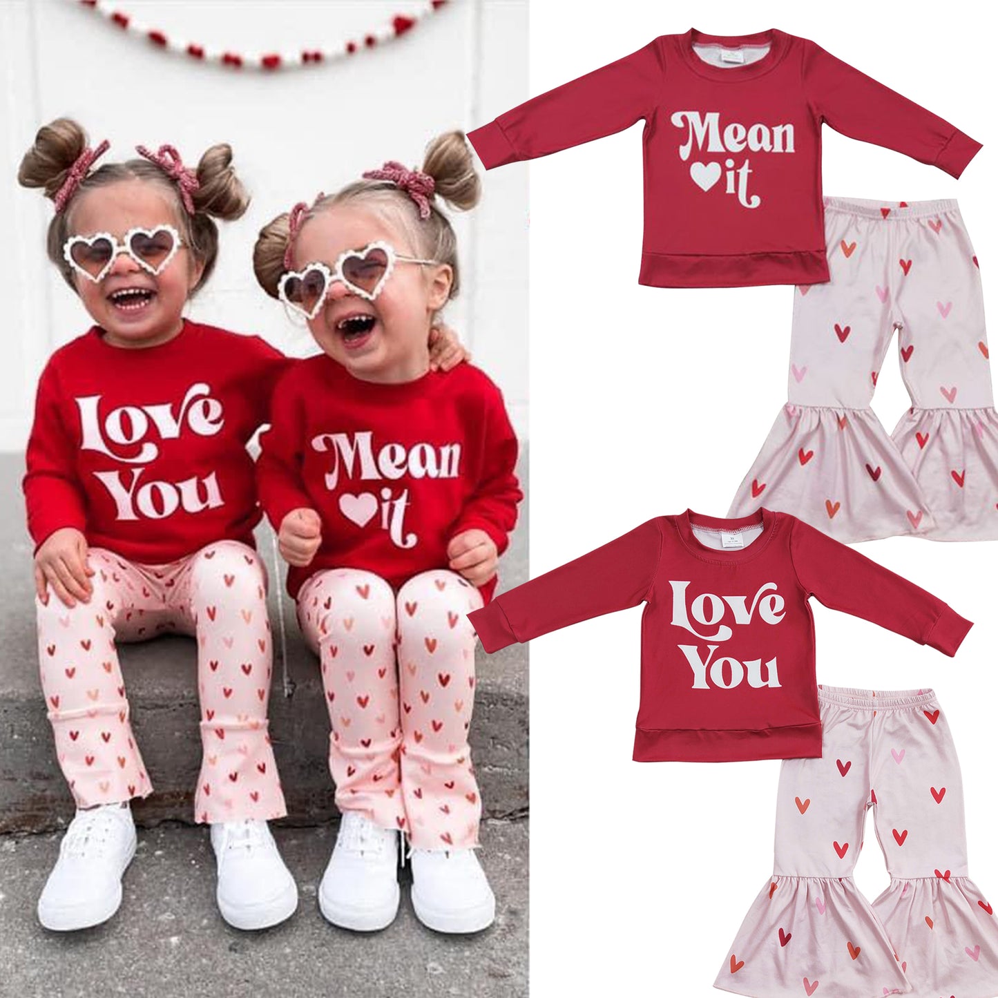 Baby Girls Valentines Sister Red Color Hearts Bell Bottom Pants Clothing Sets