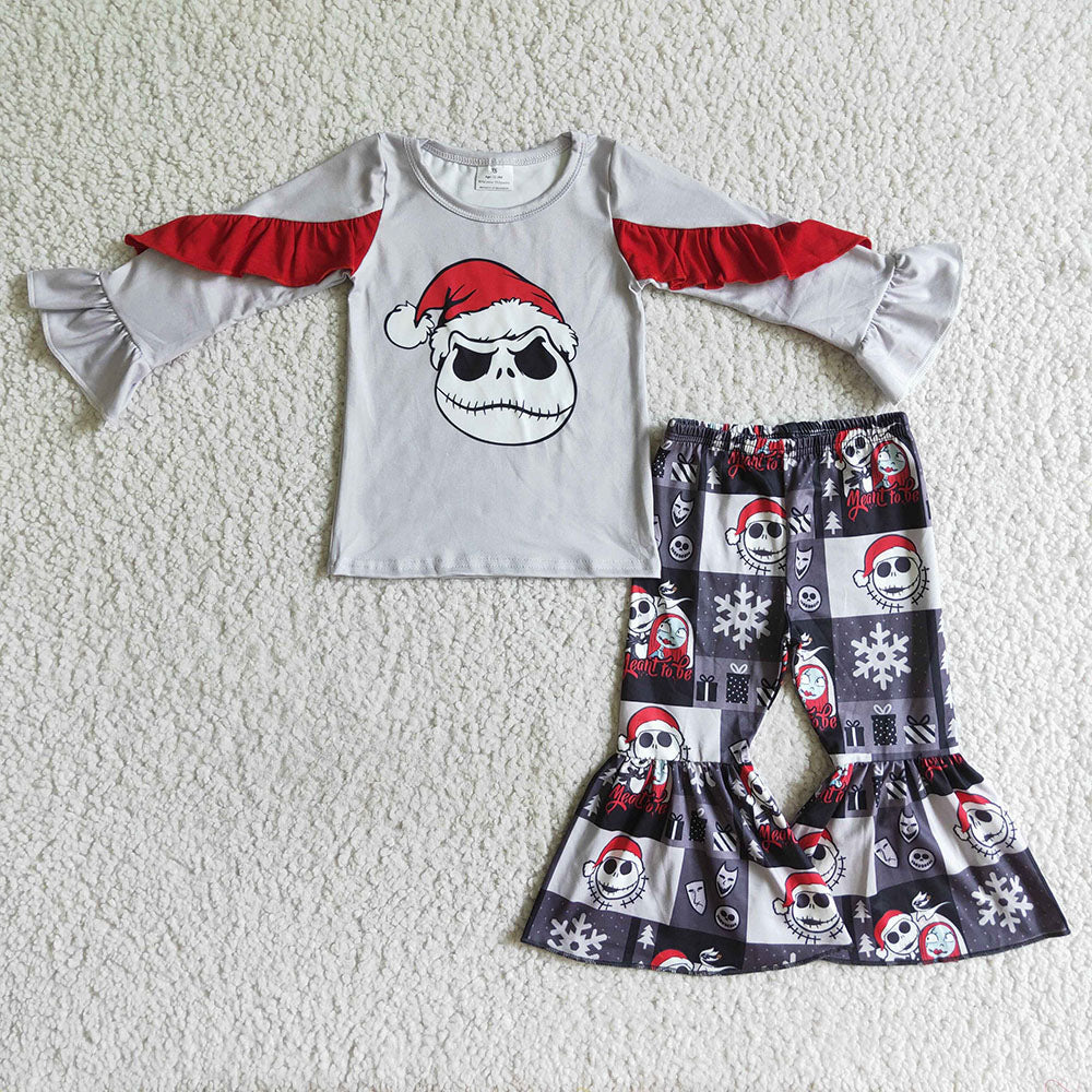 Halloween baby girls Christmas ruffle skull top bell pants clothes sets