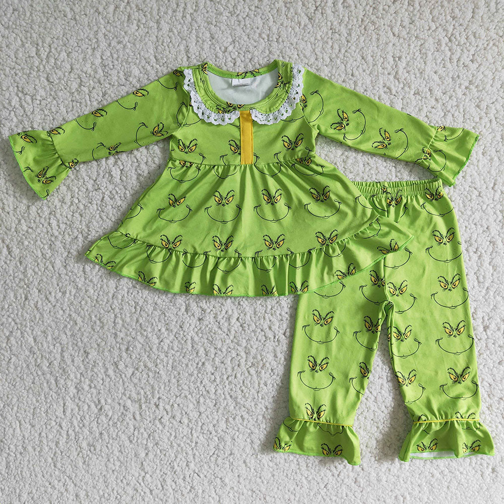 Baby girls Christmas smile face green color pajamas clothes sets