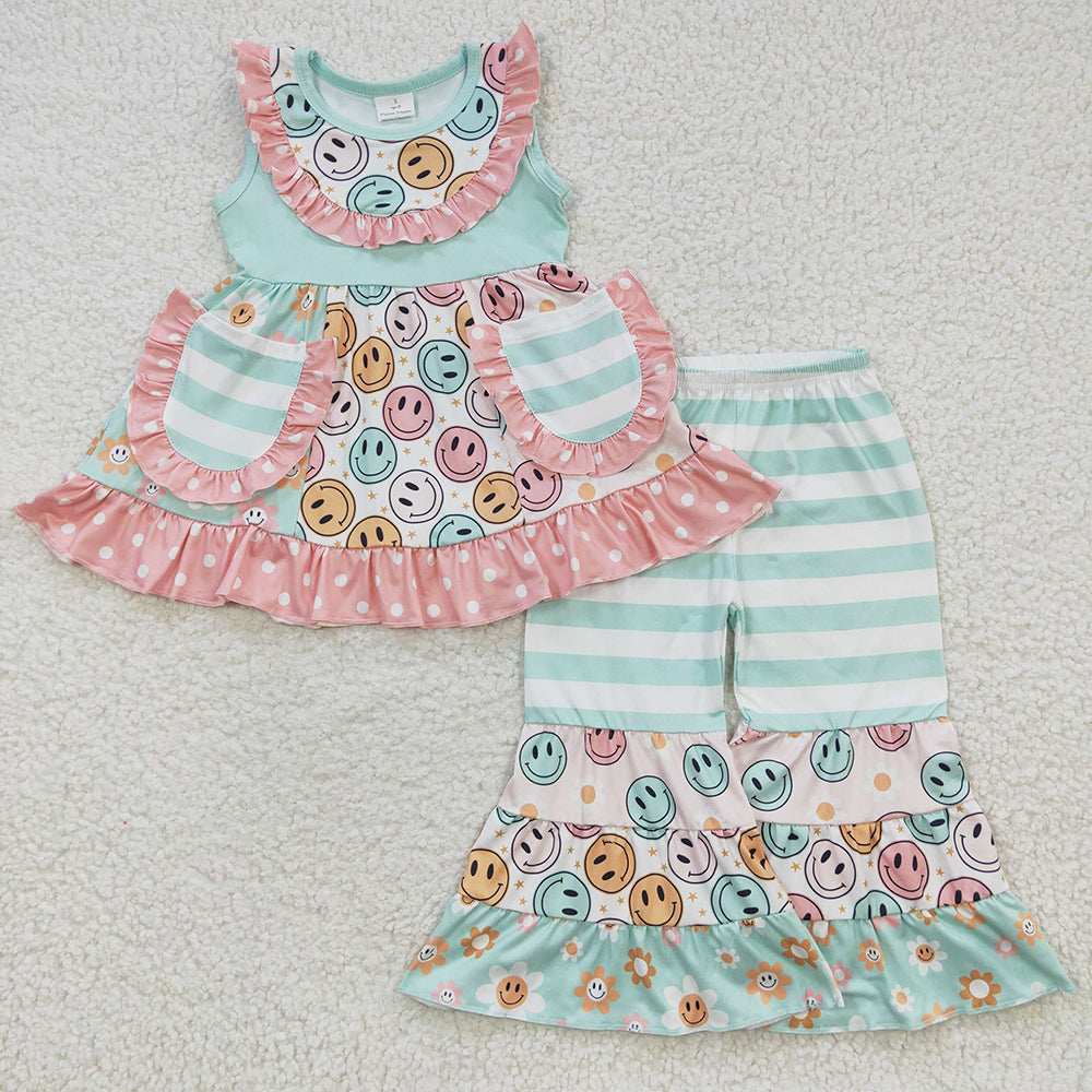 Baby Girls Face Tunic Patchwork Bell Bottom Pants Clothes Sets