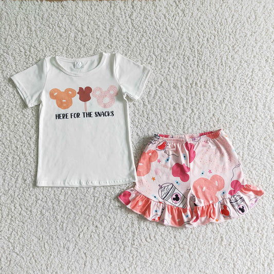 Baby girls here for the snacks summer shorts sets