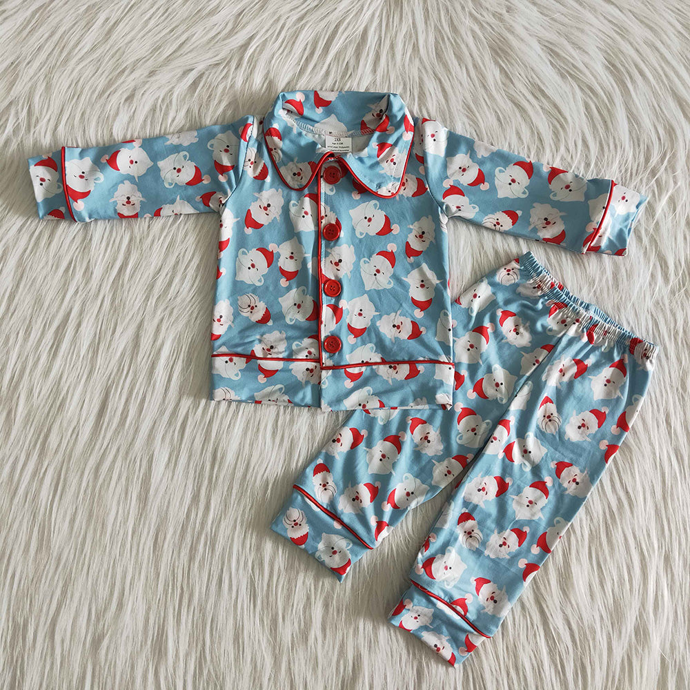 Baby Boys Santa blue color Christmas button up pajamas