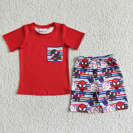 Baby boy cartoon pocket red shorts summer sets