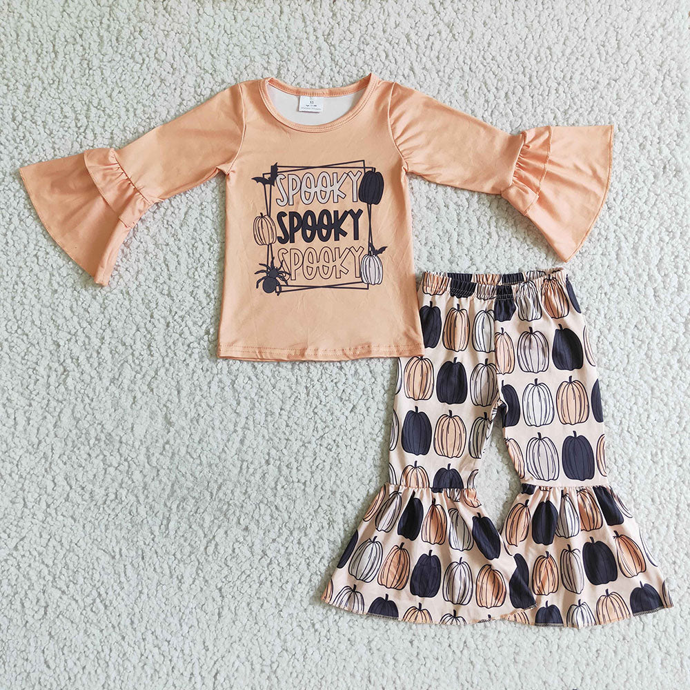 baby girls ruffle long sleeve spooky shirt pumpkin bell pants sets
