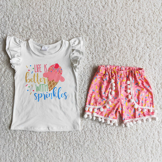 Letter T-shirt pink pompom Shorts sets