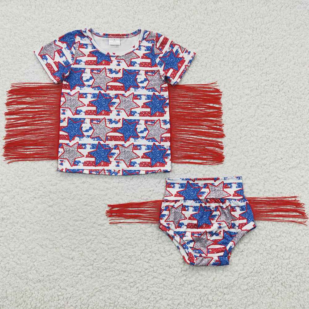 Baby Girls Star Tassel 4th Of July Bummie Sets