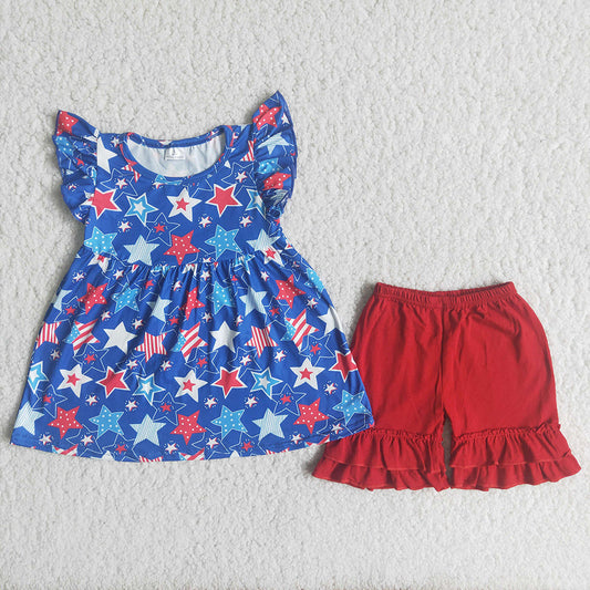 4th of July girls star pearl shorts sets