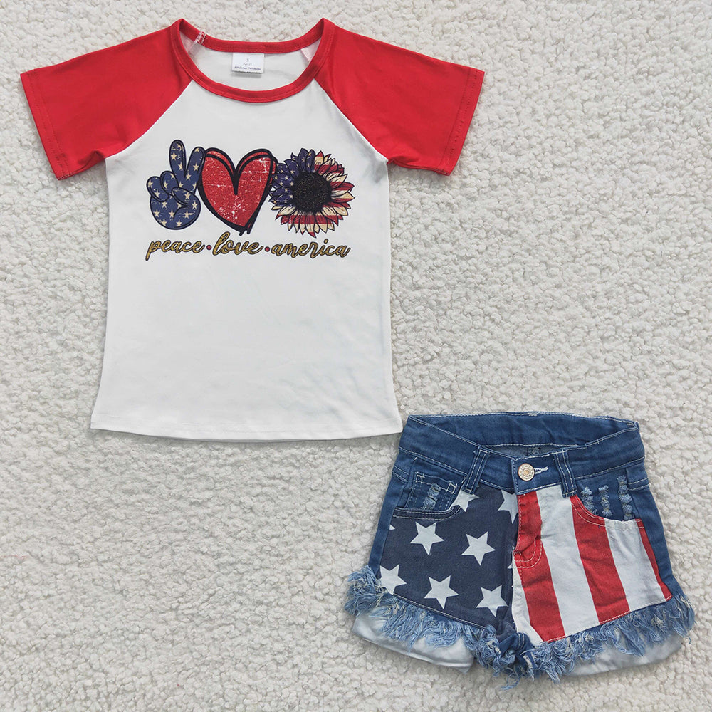 Baby Girls Red 4th Of July Shirts Star Denim Shorts clothes sets