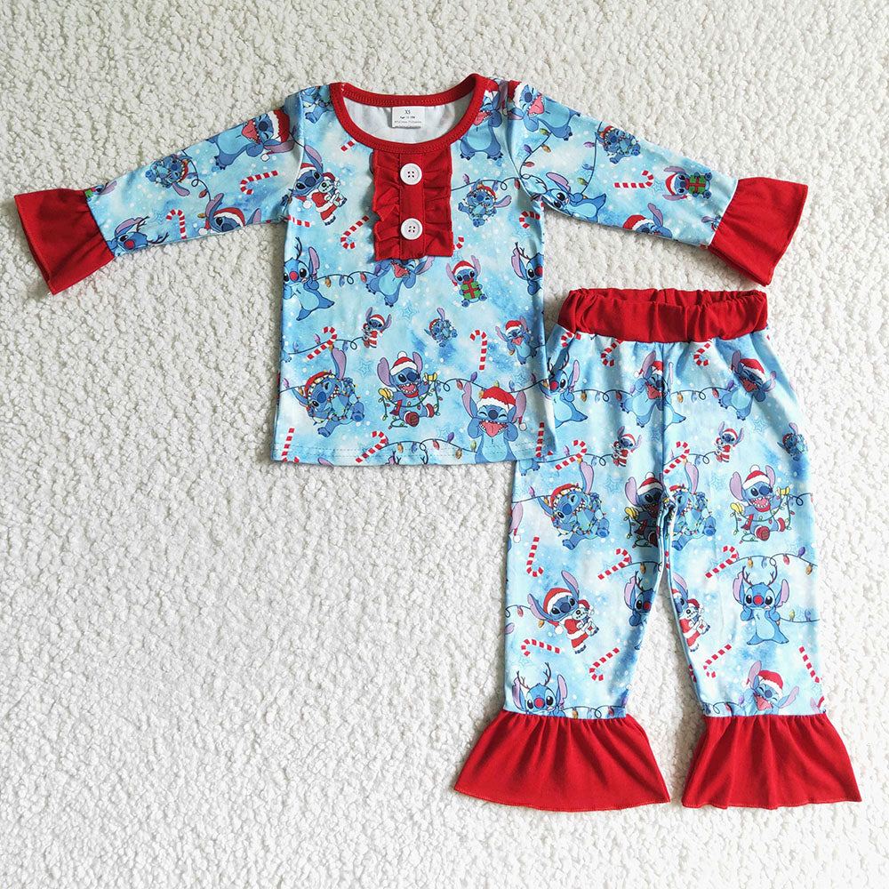 Christmas baby girls cartoon ruffle holiday pajamas sets