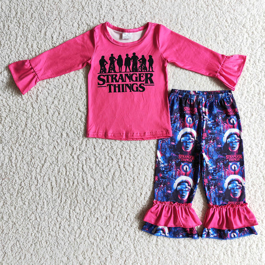 Baby Girls Hotpink cartoon people ruffle pants clothes sets