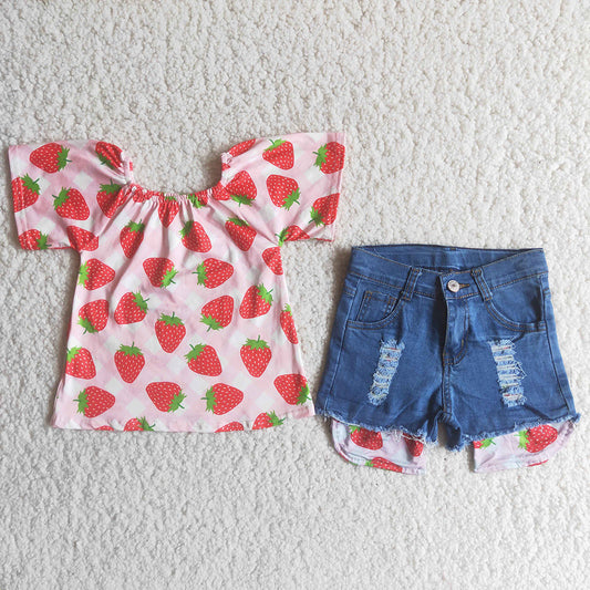 Strawberry pink denim shorts sets