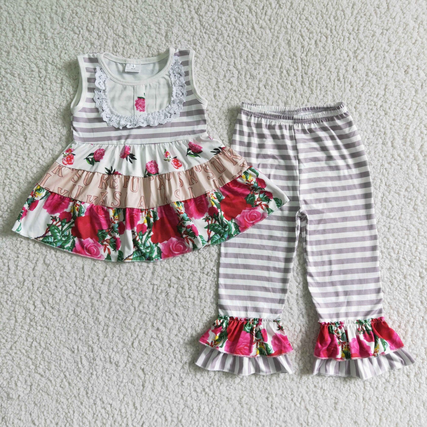 Baby girls Grey stripe floral pants outfits clothing sets