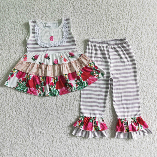 Baby girls Grey stripe floral pants outfits clothing sets