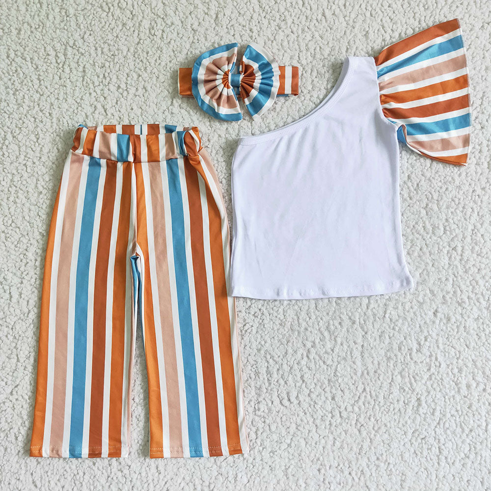 Baby girls stripe bell pants boutique clothing sets(can choose headband)