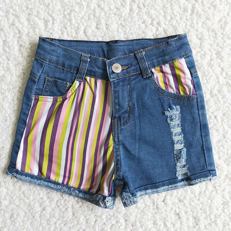 Baby Girls half stripe blue denim shorts