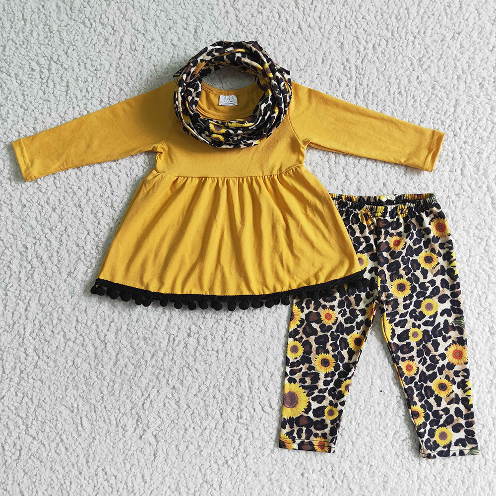 Baby Girls sunflower pom pom scarf 3pcs sets