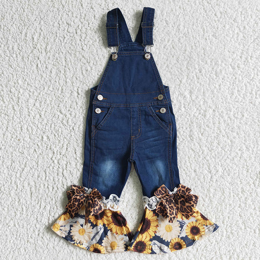 Baby Girls fall sunflower ruffle denim overall