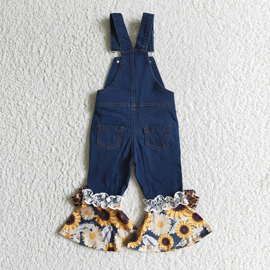 Baby Girls fall sunflower ruffle denim overall