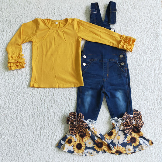 Baby Girls fall mustard shirts sunflower ruffle denim overall 2pcs sets