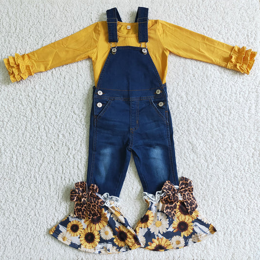 Baby Girls fall mustard shirts sunflower ruffle denim overall 2pcs sets