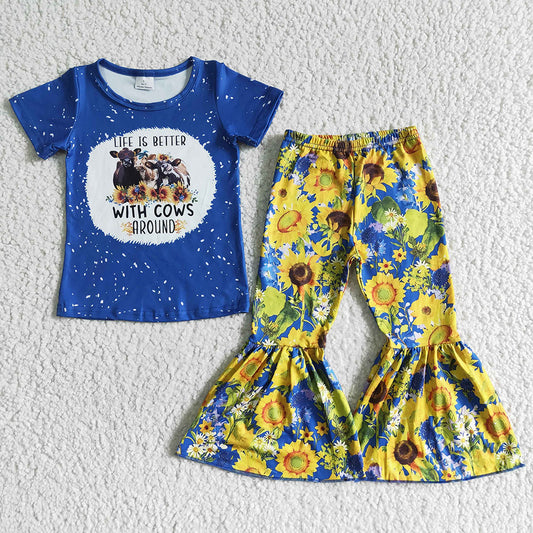 Baby girls sunflower cow western bell pants sets