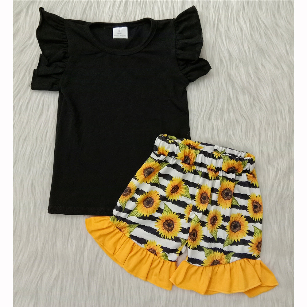 Black Top sunflower ruffles Shorts sets