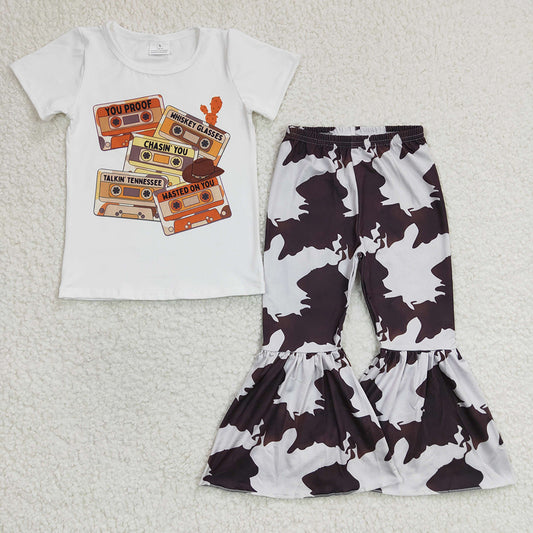 Baby Girls Tape Tee Shirts Cowprint Bell Bottom Pants Clothes Sets