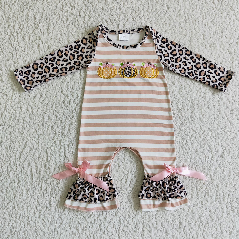 Baby girls three pumpkin ruffle rompers
