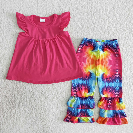 Hotpink tunic tie dye ruffle pants sets