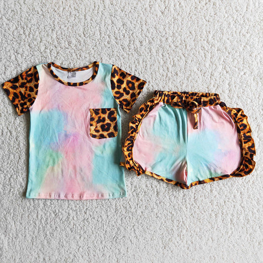 Pink tiedye leopard ruffles Shorts sets