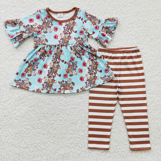 Baby Girls Brown Cartoon Tunic Stripe Legging Pants Clothes Sets