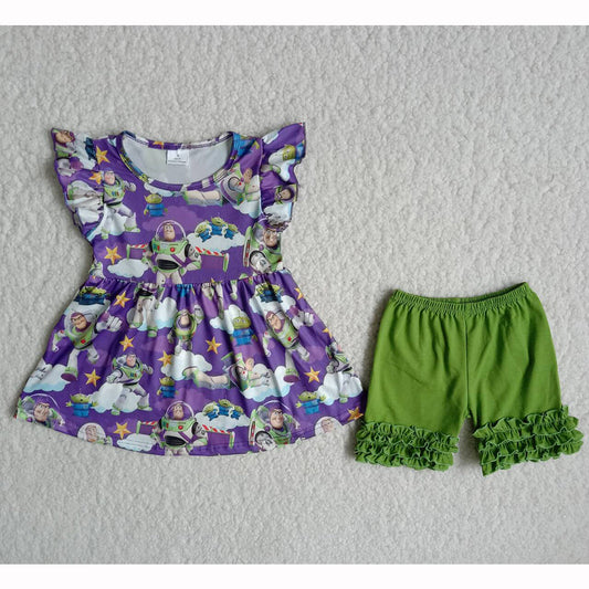 Purple cartoon character shorts set