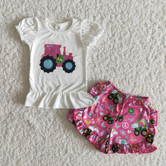 Pink tractor ruffles Shorts sets