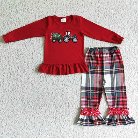 Baby girls Christmas plaid ruffle tractor shirt pants sets