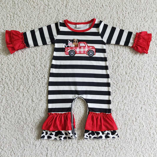 Baby girls farm tractor stripe ruffle rompers