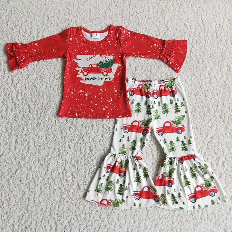 Baby Girls Christmas Tractor tree bell pants clothes sets