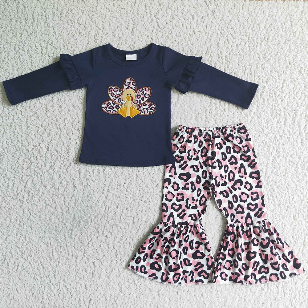 Baby girls navy thanksgiving turkey shirt leopard pants clothes