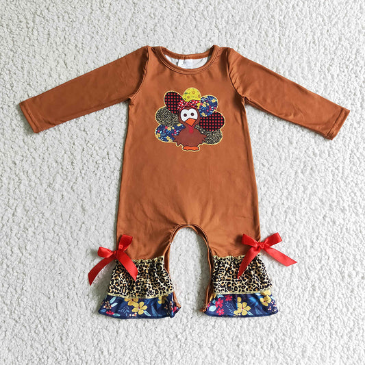 Baby Girls Brown Thanksgiving Turkey Floral Ruffle Rompers