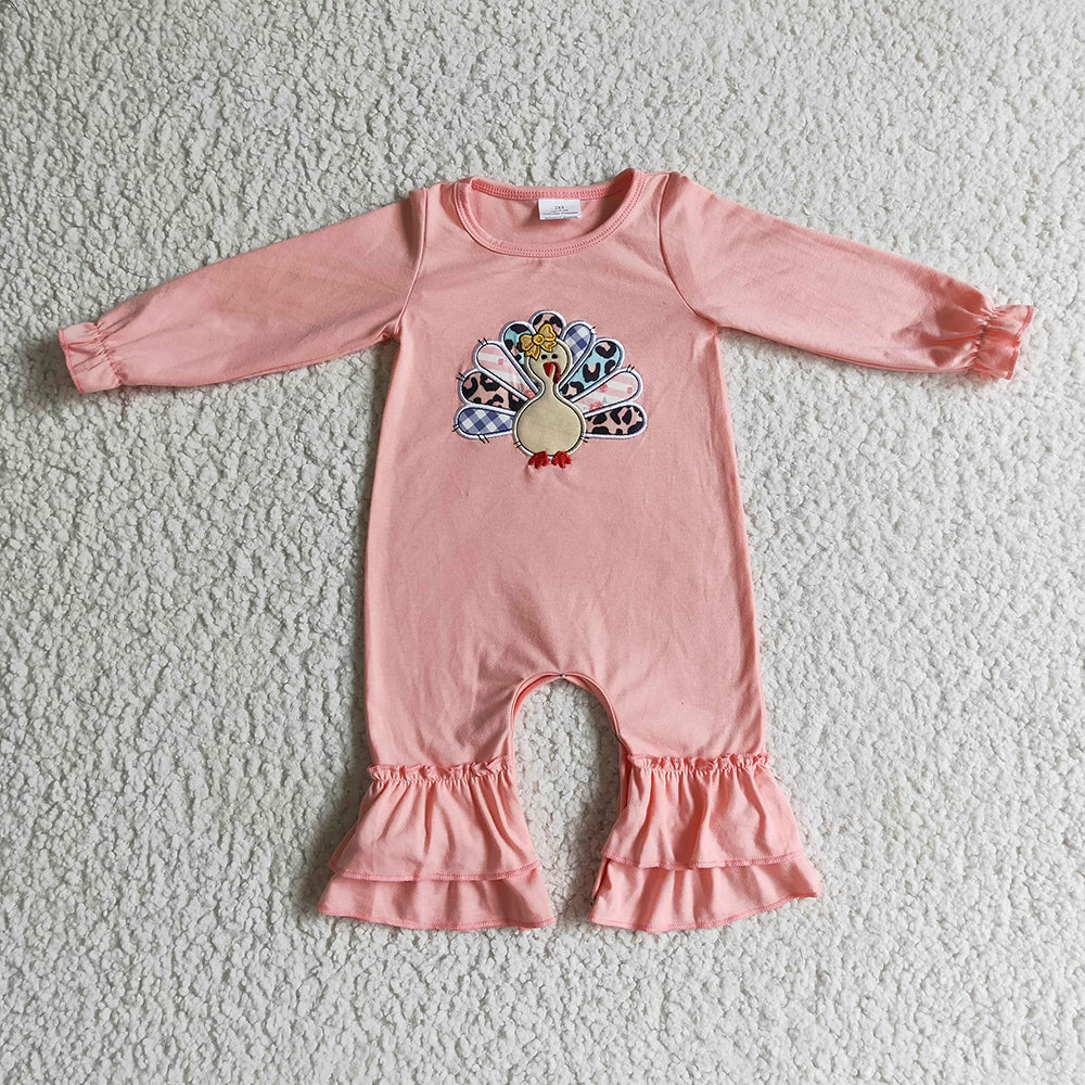 Baby Girls Thanksgiving pink turkey ruffle rompers