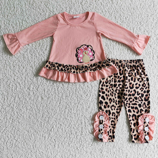 Baby girls Thanksgiving turkey pink leopard clothes sets