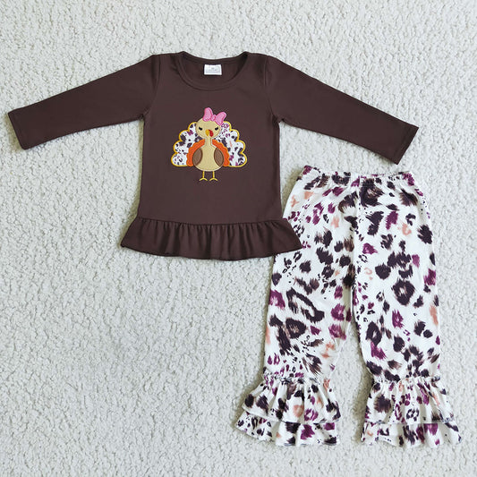 Baby girls brown thanksgiving turkey shirt leopard pants clothes