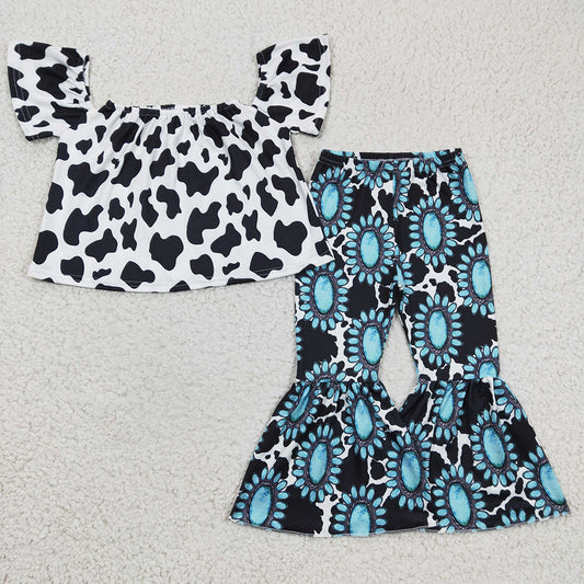 Baby Girls Cow Top Turquoise bell pants clothes sets