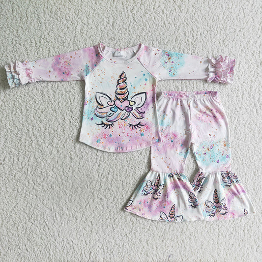 Baby Girls tie dye colorful dots unicorn bell pants clothes sets