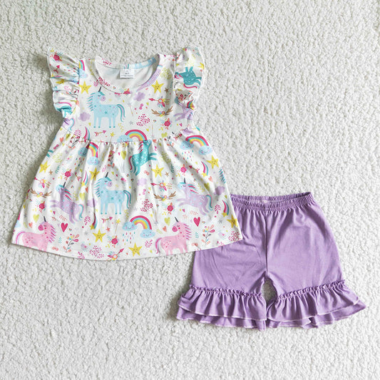 Baby girls summer unicorn pearl icing ruffle shorts sets
