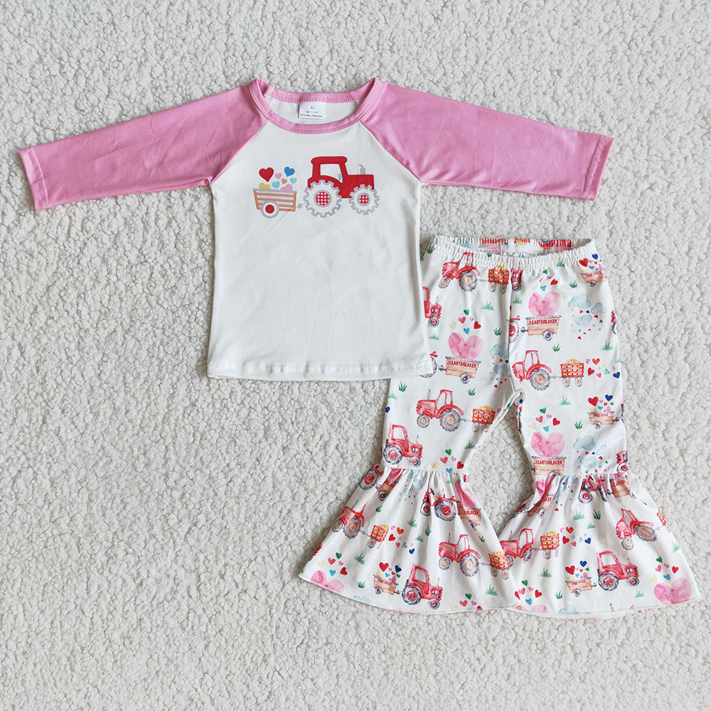 Baby girls valentines tractor long sleeve top bell pants sets