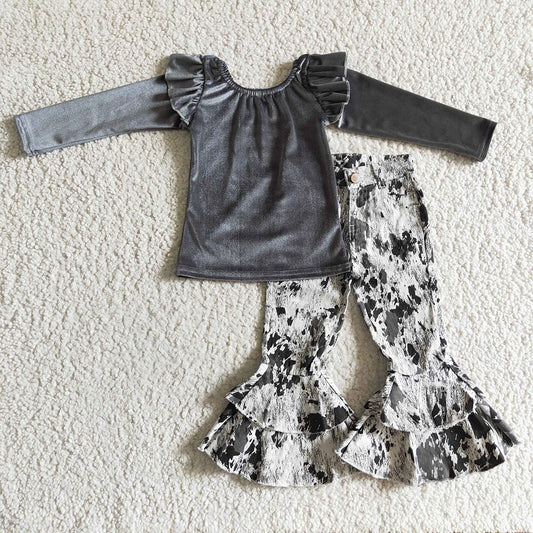 Baby girls grey velvet top denim bell pants clothes sets