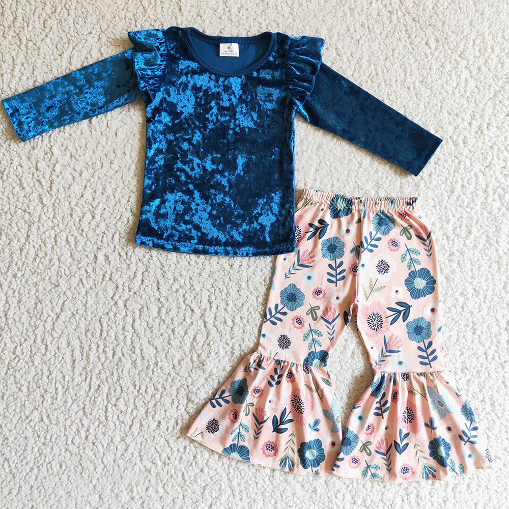 Baby Girls fall blue velvet tops bell pants clothing sets